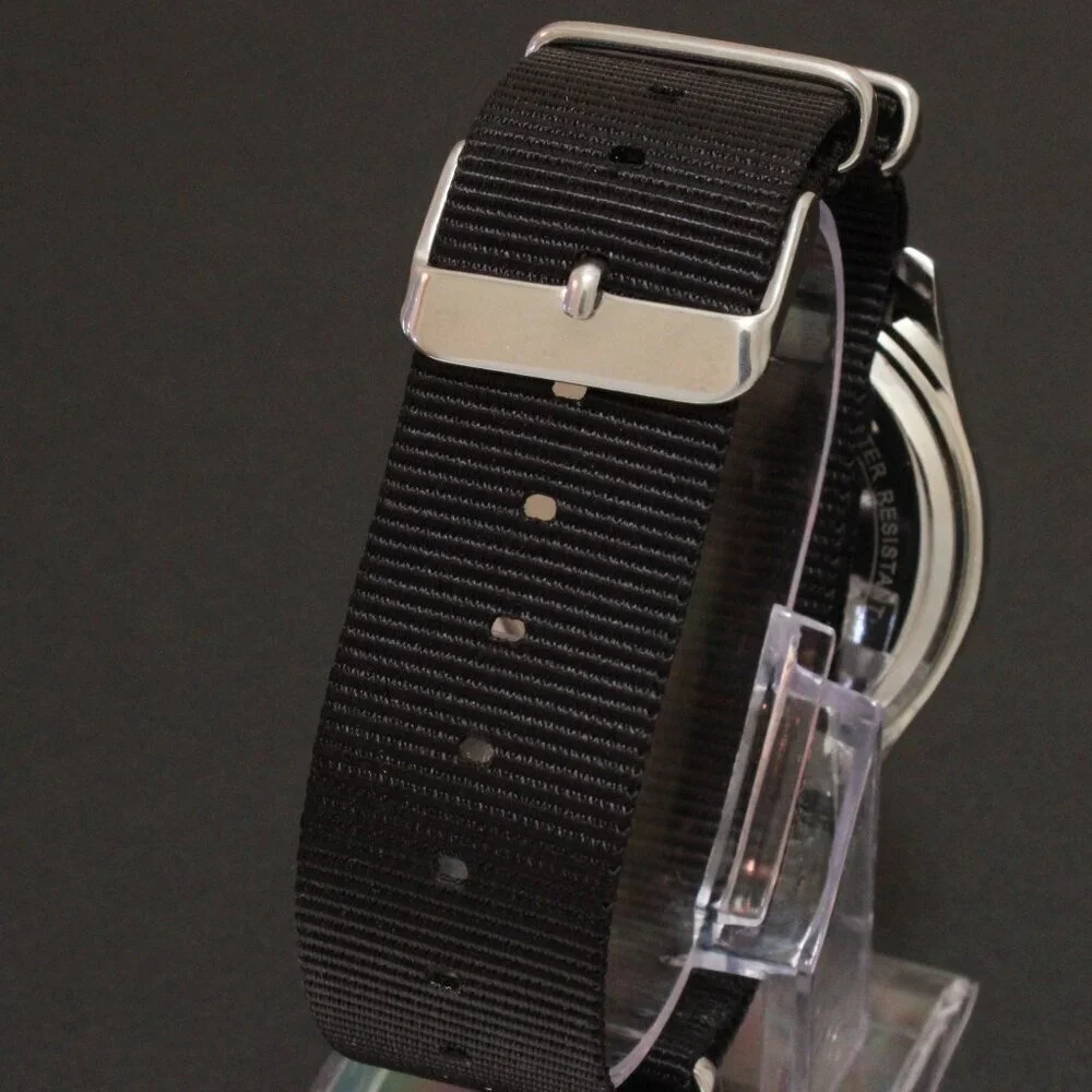 Men's Quartz Field Watch Silver Tone Case Black Military Strap 42mm